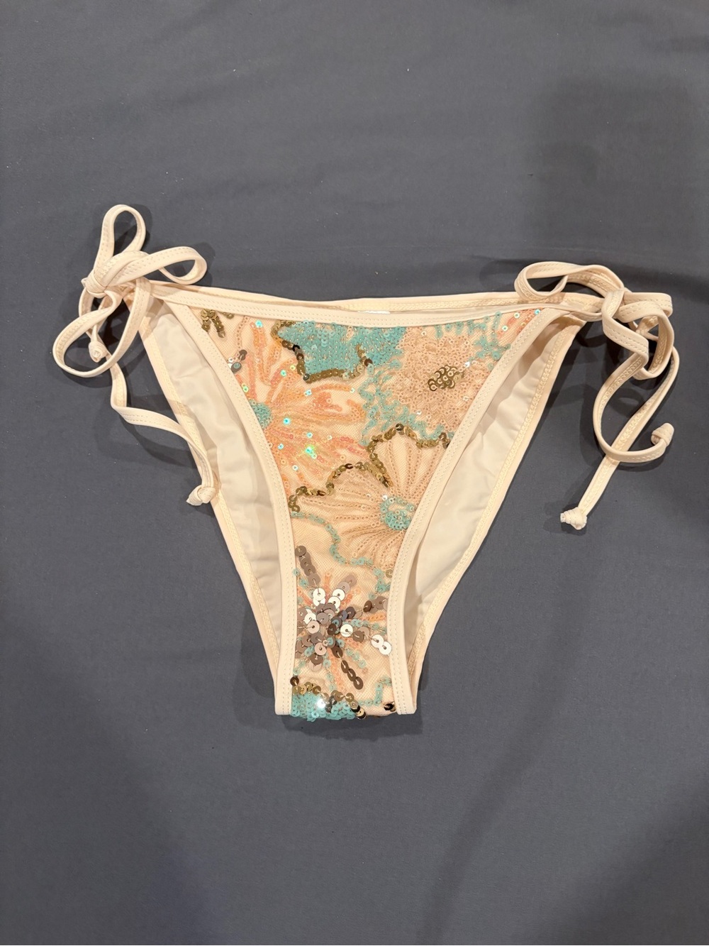 SHEIN Beige Sequin Tie-Side Bikini Bottom with Aqua & Coral Accents